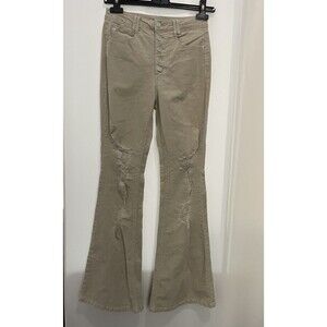 Forever 21 Womens Corduroy Flared Pants Beige Ripped Button Fly SZ S